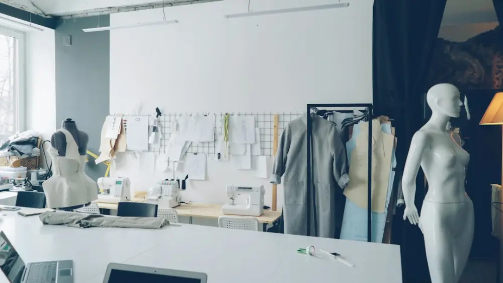A fashion design studio with sewing materials, illustrating streetwear and identity